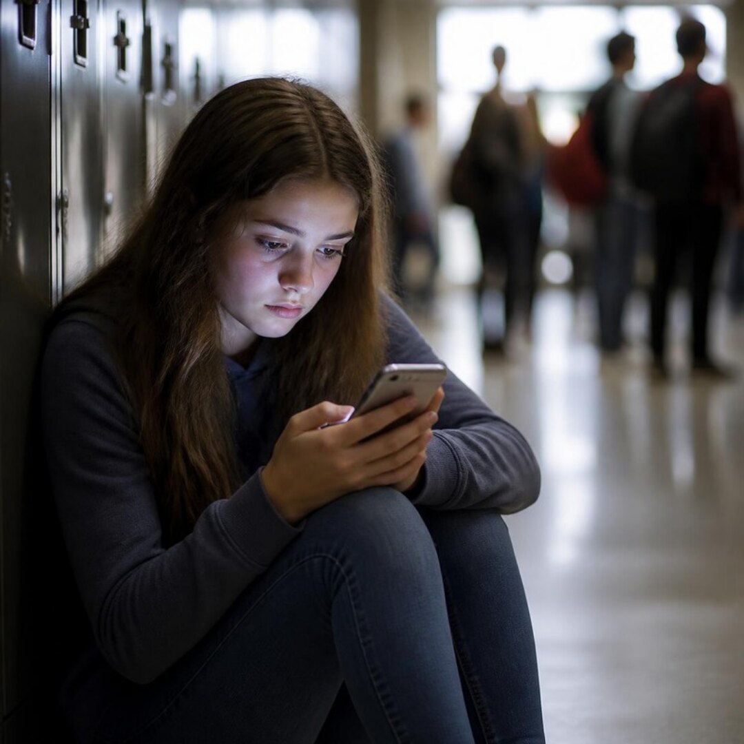 Deepfakes sexuels : adolescente inquiète devant son téléphone
